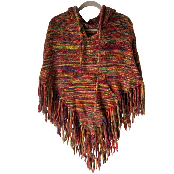 Lucky Brand Y2k Multicolor Striped Knit Hooded Fringe Poncho Cape Boho Festival - Picture 1 of 7